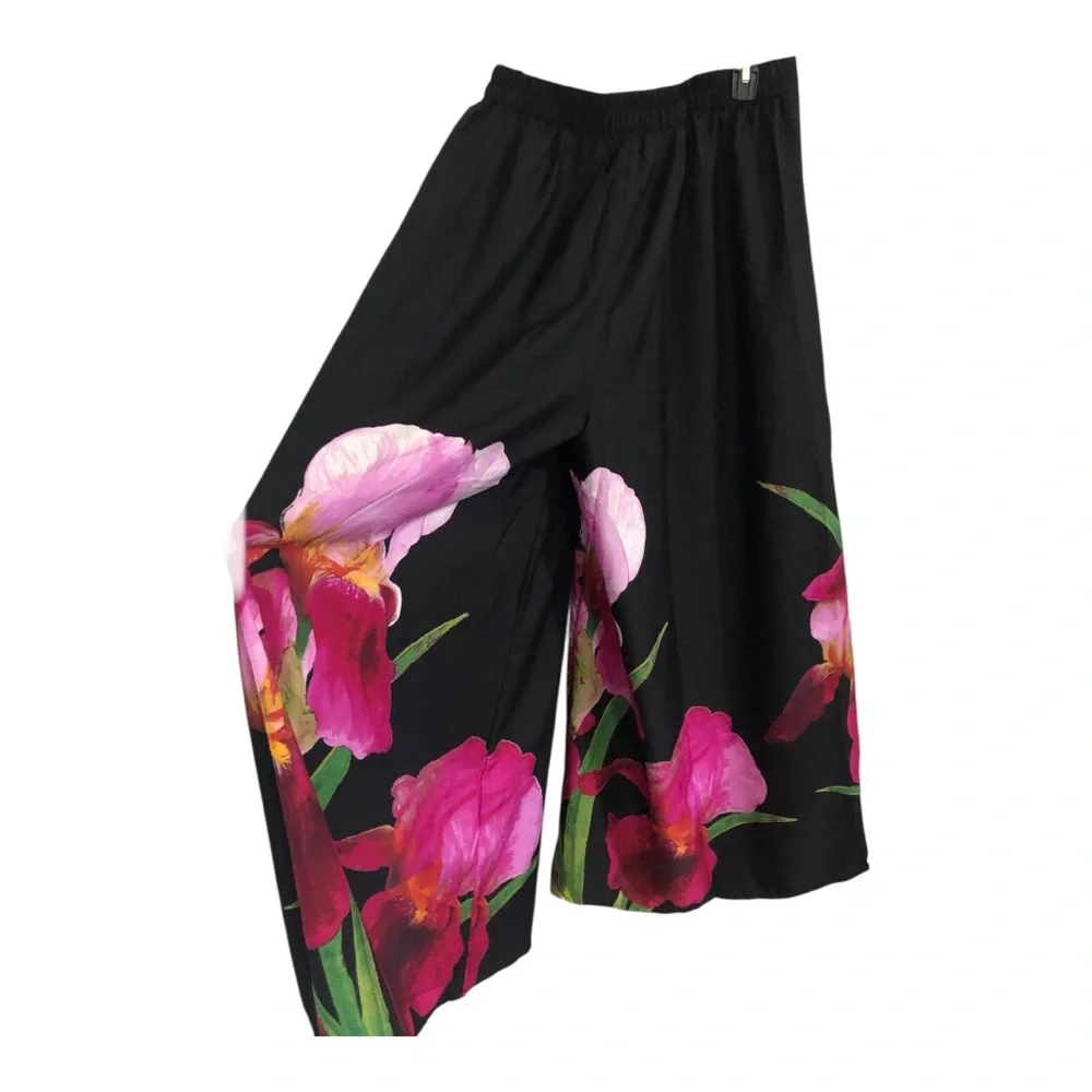 Black pink hibiscus floral tropical print hem wide leg flowy pants size XL new - Picture 8 of 17